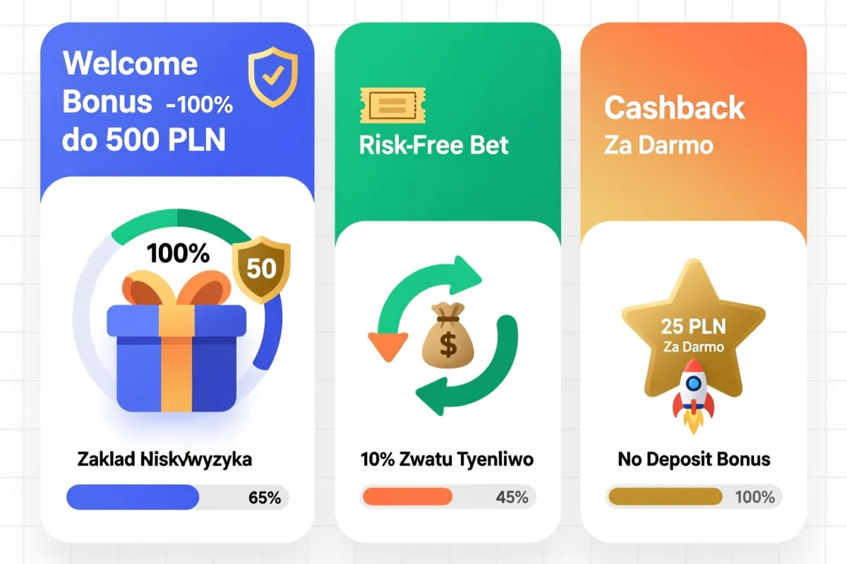 Infografika przedstawiająca różne rodzaje bonusów bukmacherskich: bonus powitalny, freebet, cashback i bonus bez depozytu
